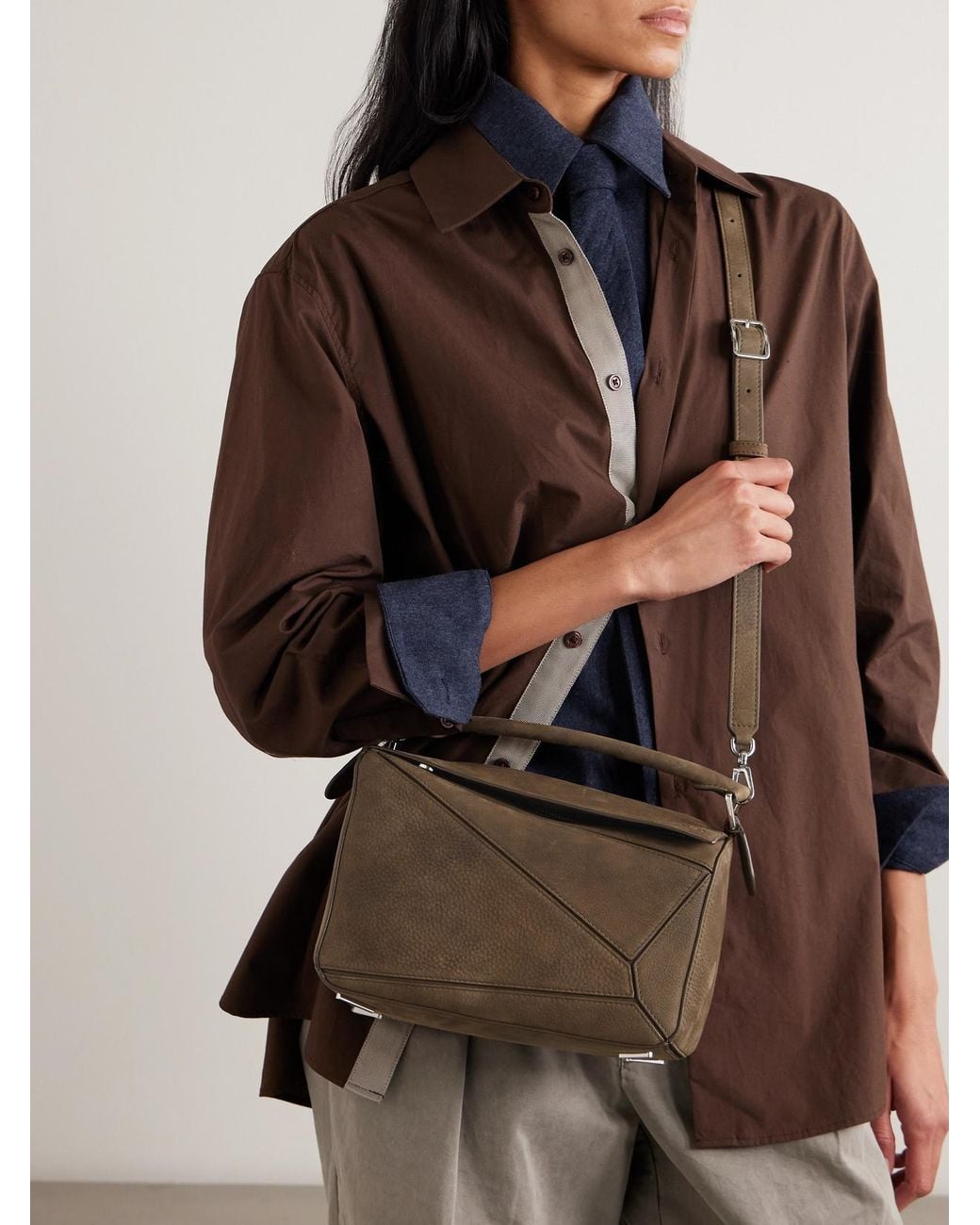 Loewe Brown Puzzle Small Textured-Nubuck Shoulder Bag