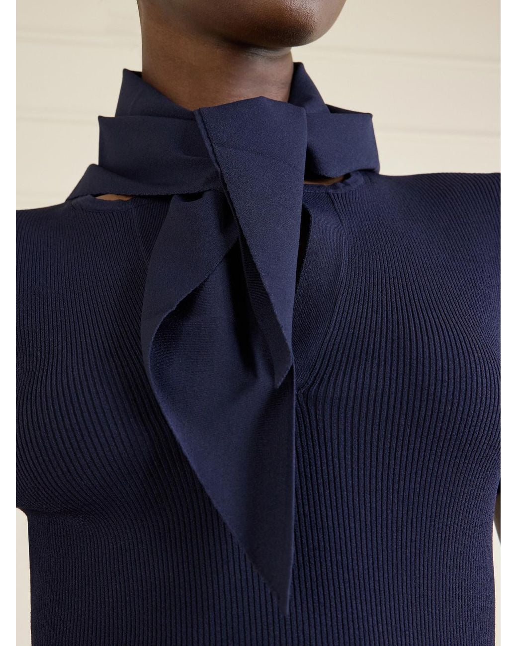 Max Mara Blue Palmeti Tie-Detailed Ribbed Jersey T-Shirt