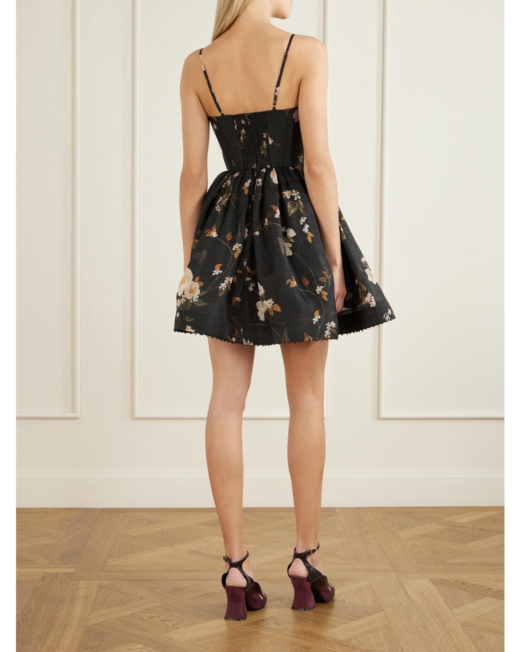Zimmermann Black Valiant Floral-Print Linen And Silk-Blend Corset Mini Dress