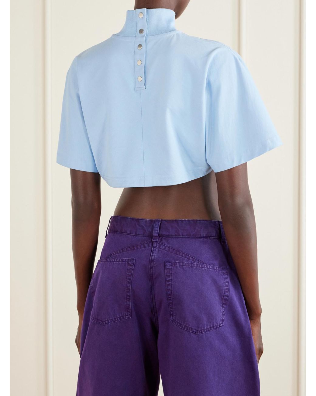 Alaïa Blue Cropped Cotton-Jersey Turtleneck T-Shirt
