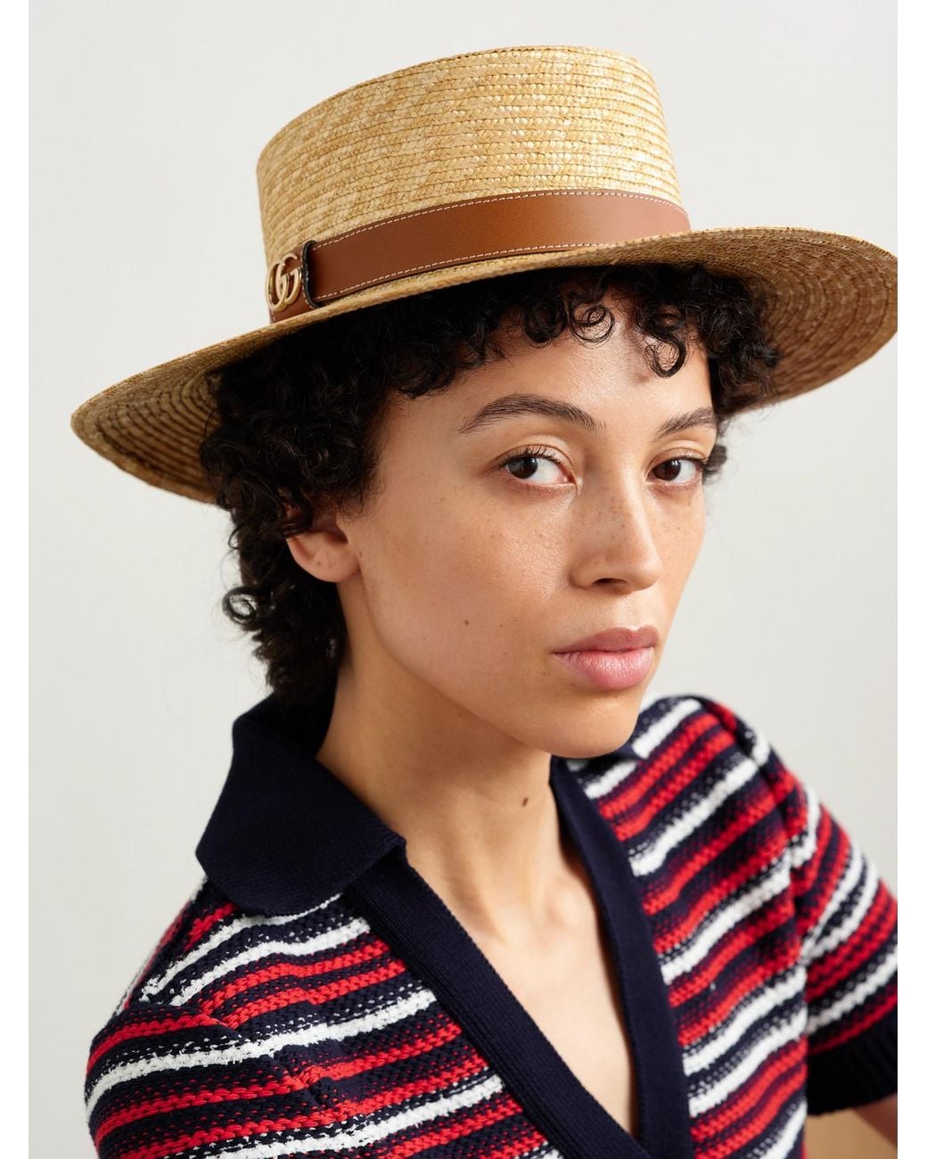 Gucci Natural Leather-Trimmed Straw Hat