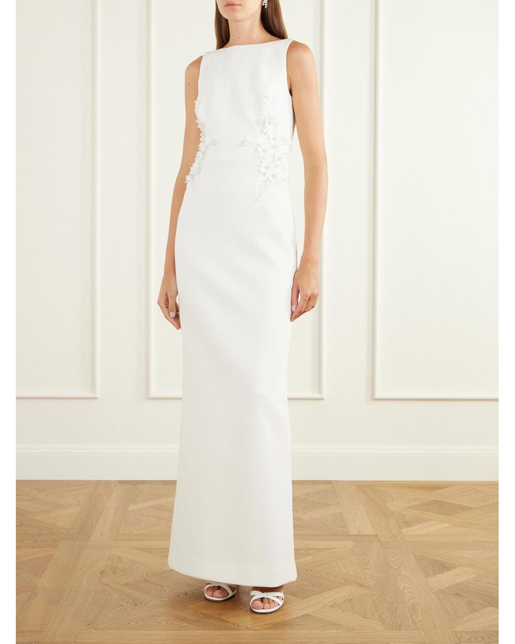 Rebecca Vallance White Andre Floral-Appliquéd Darted Crepe Gown