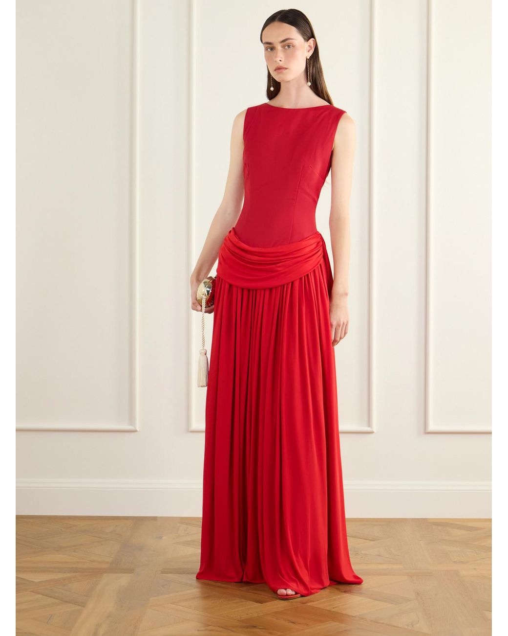 Abadia Red Sarah Draped Wool-Blend Maxi Dress