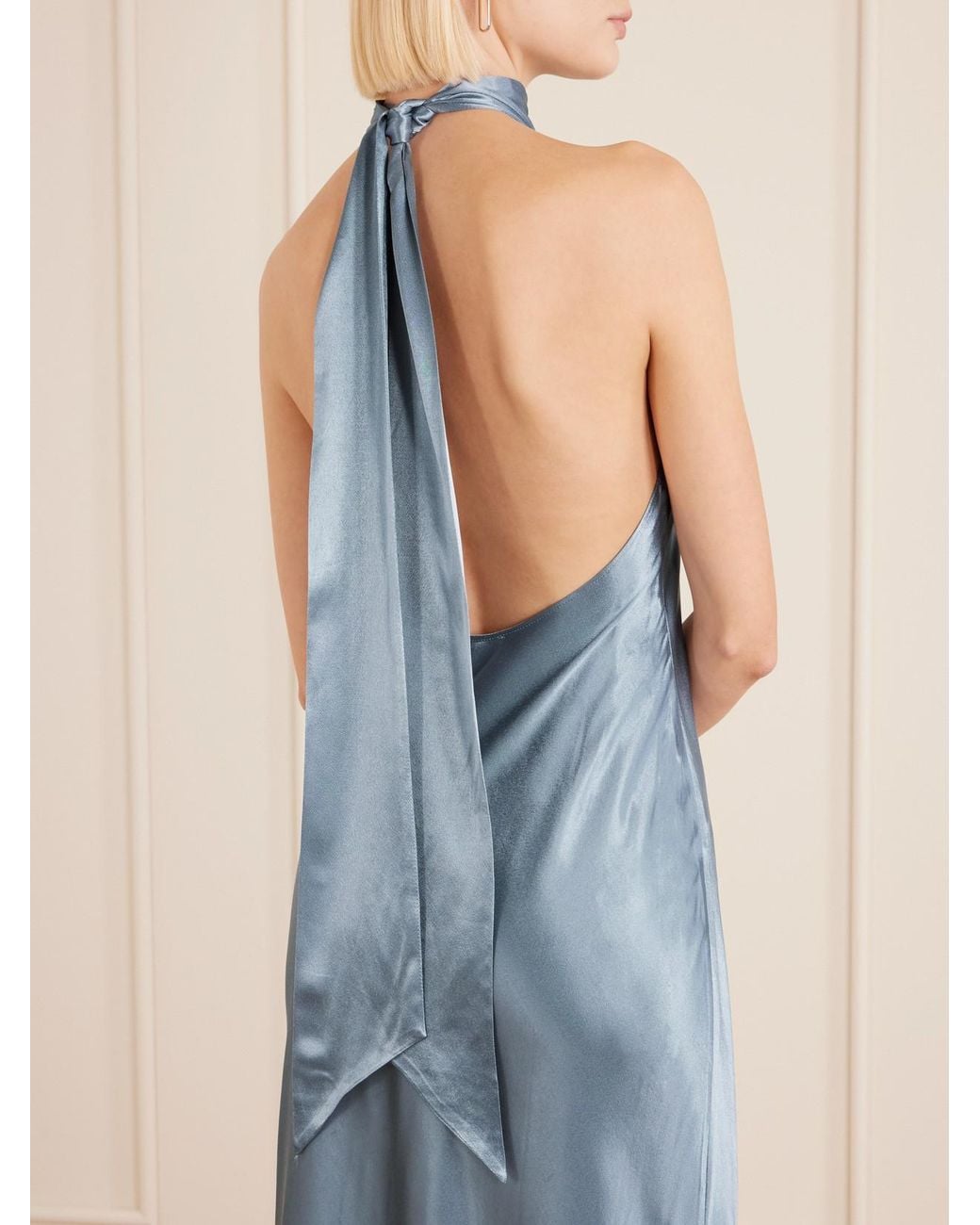 RIXO London Maura Satin Halterneck Midi Dress in Blue | Lyst