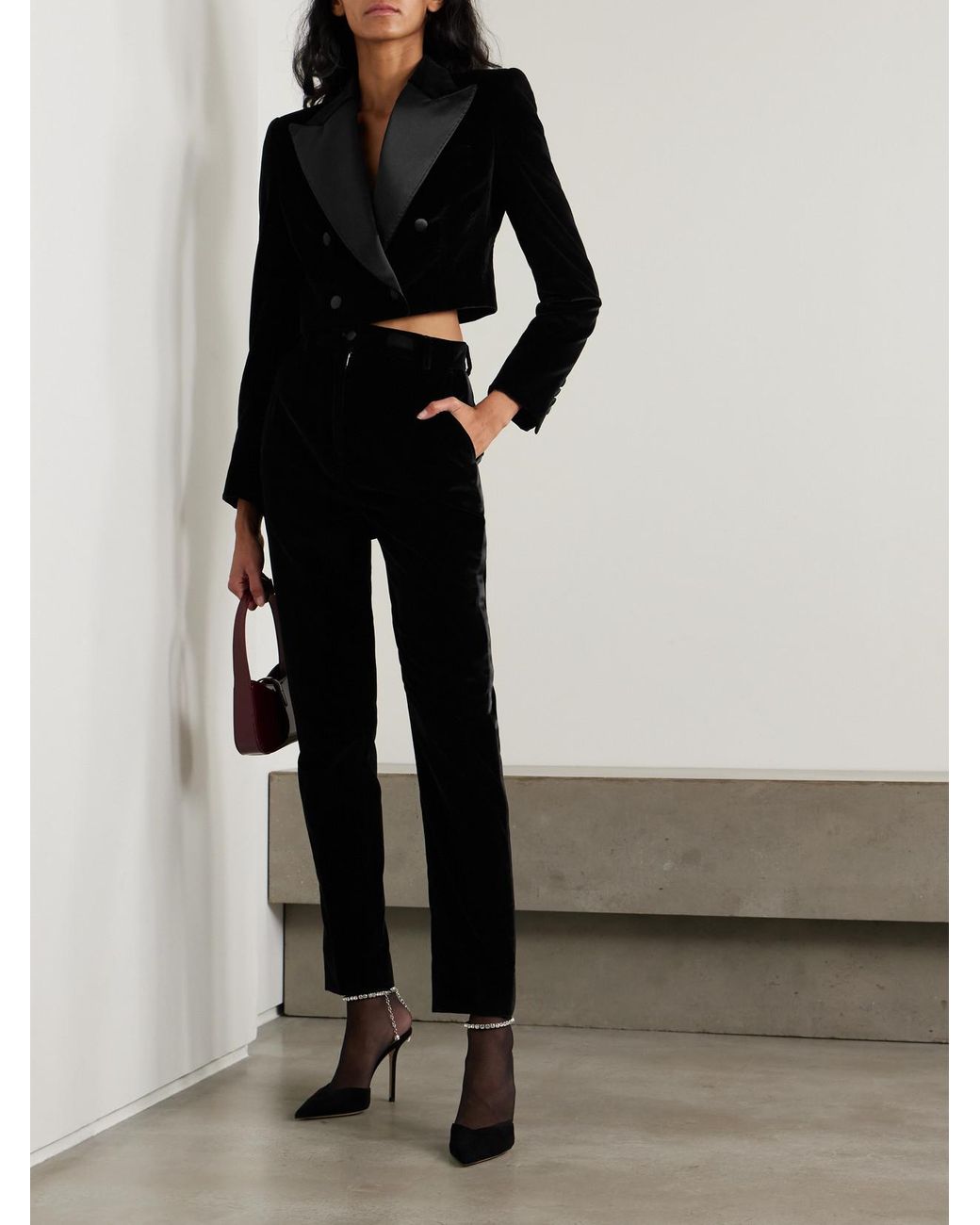 Dolce & Gabbana Black Satin-Trimmed Cotton-Blend Velvet Slim-Leg Pants