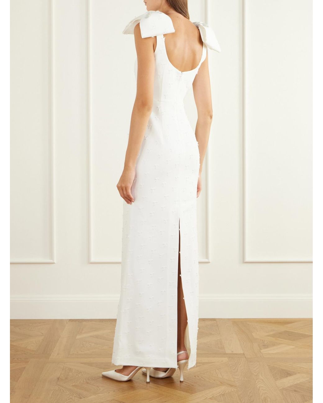 Rebecca Vallance White Mariee Bow-Detailed Embroidered Paneled Crepe Gown