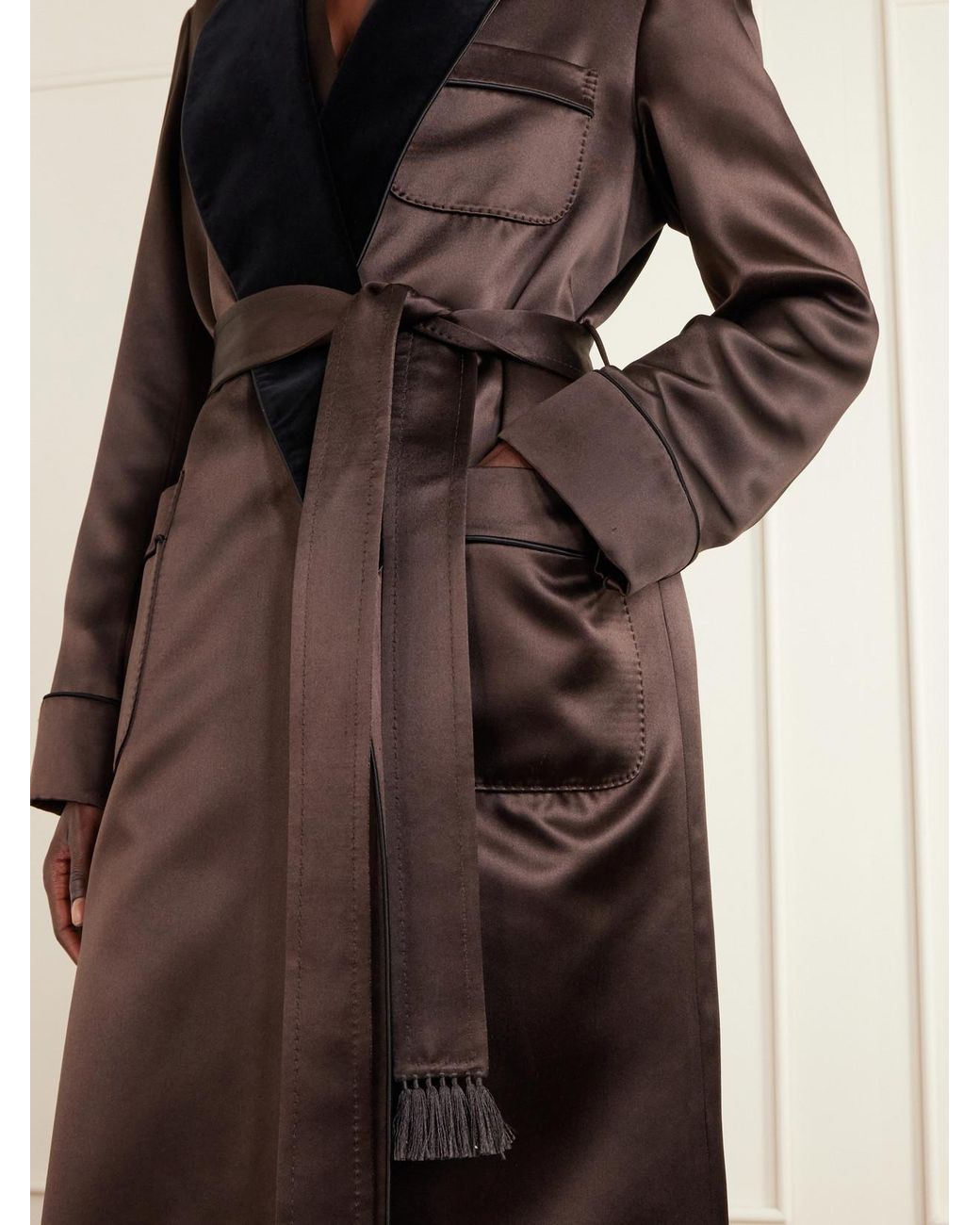 Tom Ford Brown Belted Velvet-Trimmed Silk-Satin Coat