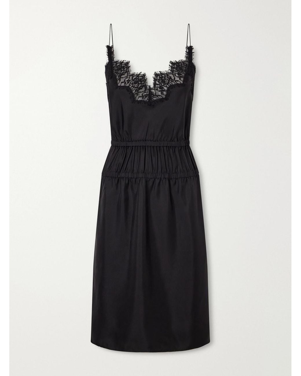 Rohe Black Camura Lace-Trimmed Shirred Silk-Satin Midi Dress
