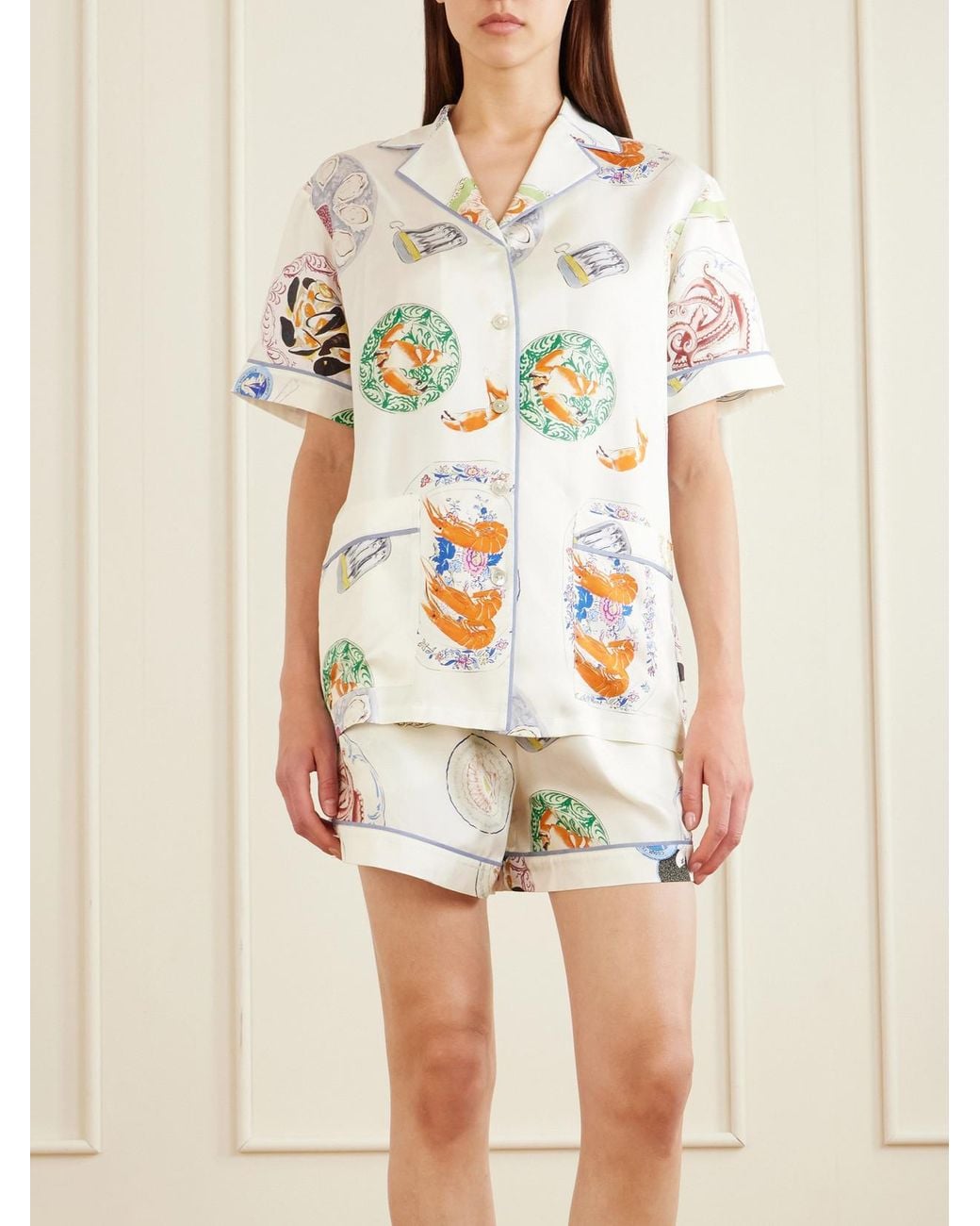 Olivia Von Halle White Ingo Printed Silk-Satin Pajama Set