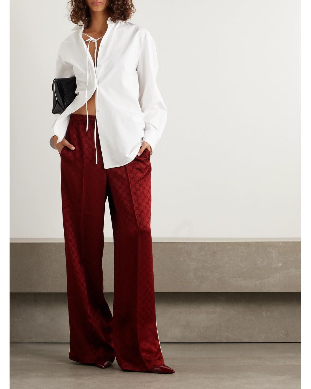 Gucci Red Satin-Jacquard Straight-Leg Pants