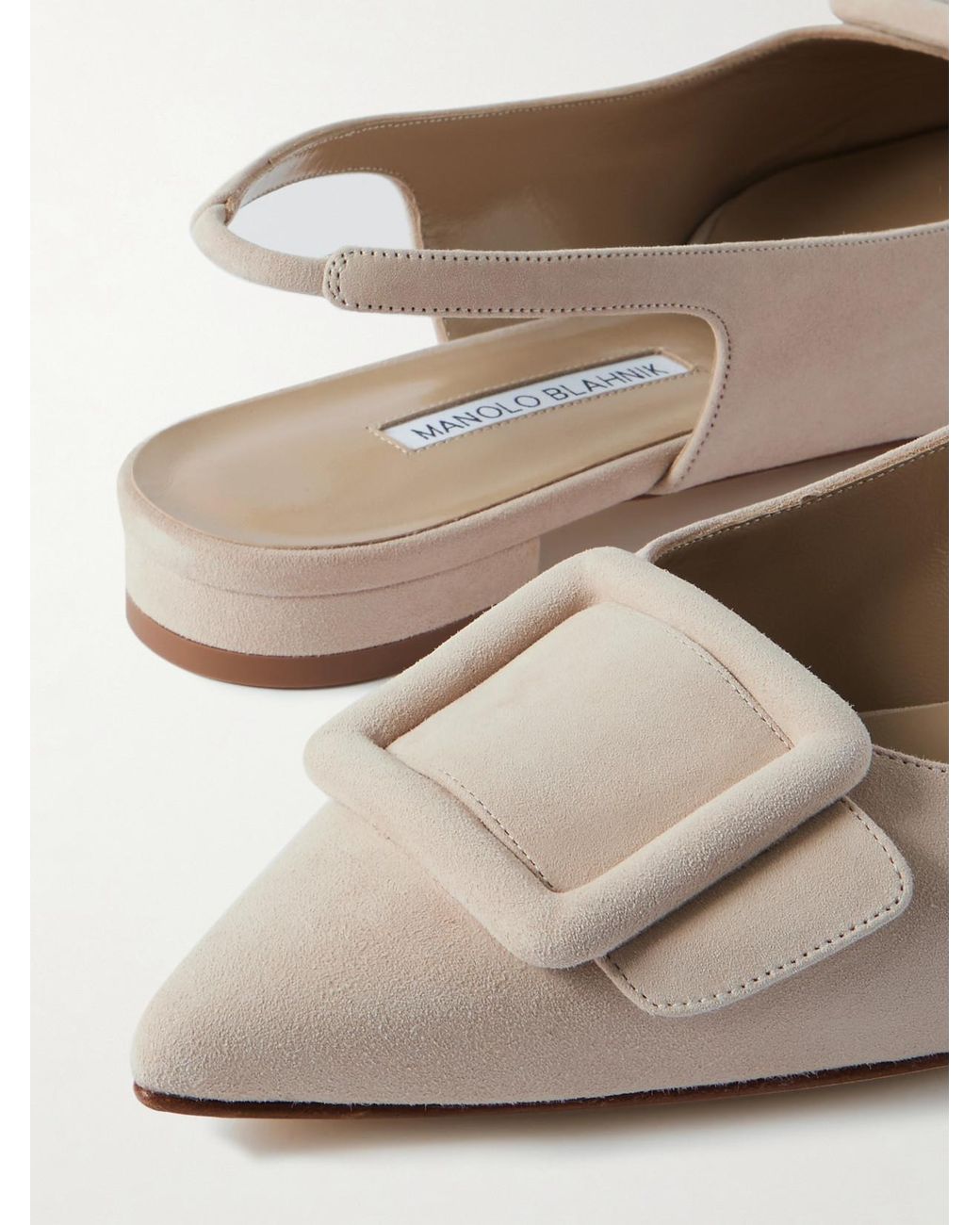Manolo Blahnik Natural Maylura Buckled Suede Slingback Flats