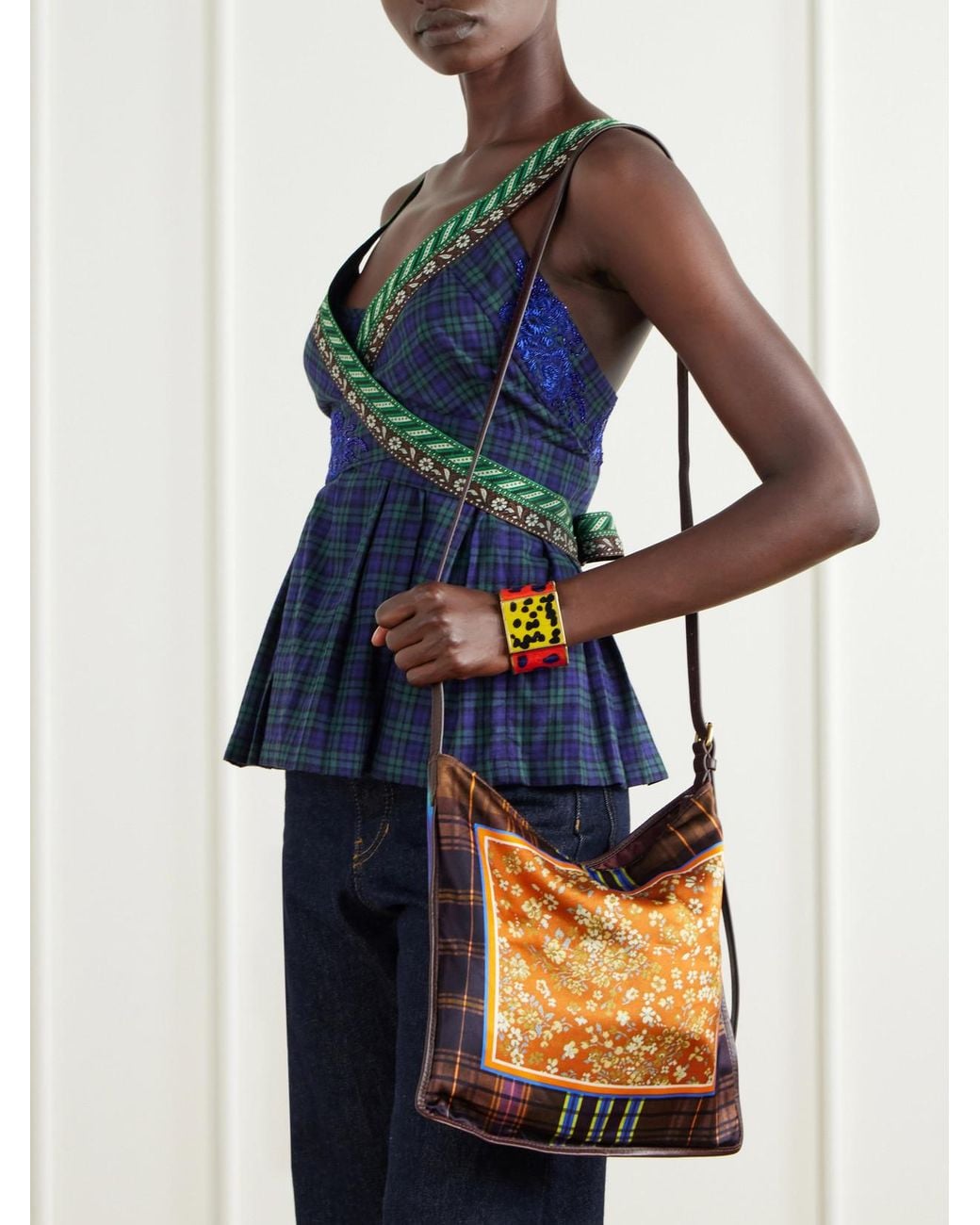 Dries Van Noten White Printed Small Leather-Trimmed Satin Shoulder Bag
