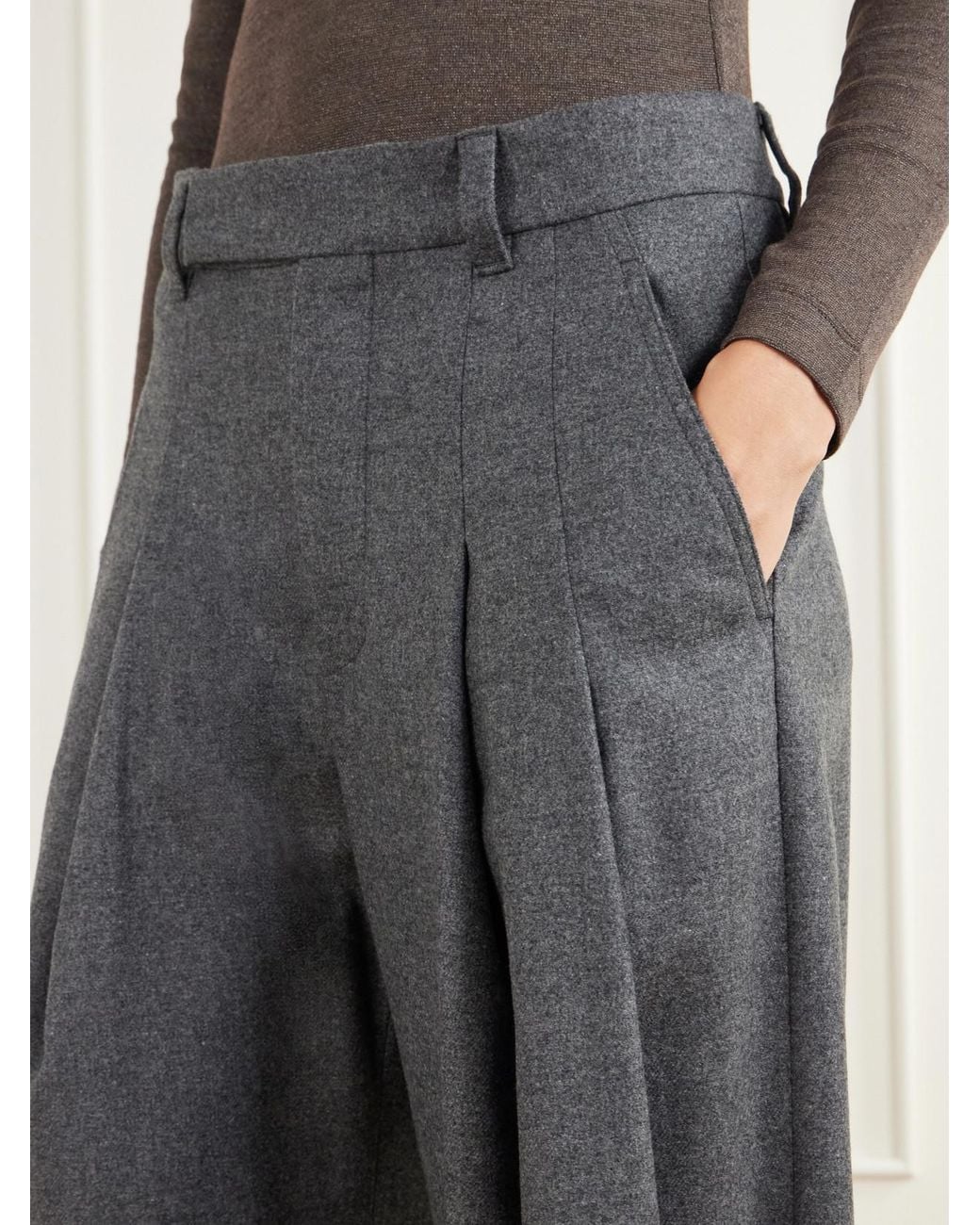 Brunello Cucinelli Gray Pleated Wool And Cashmere-Blend Woven Wide-Leg Pants