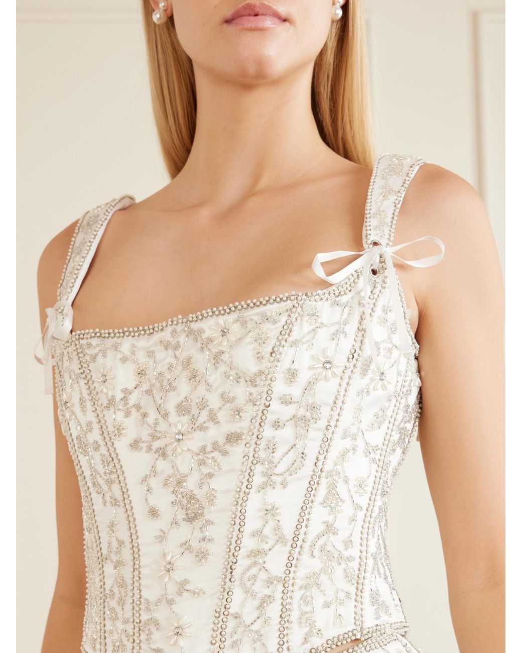Clio Peppiatt White Brigitte Floral-Embellished Bustier Top