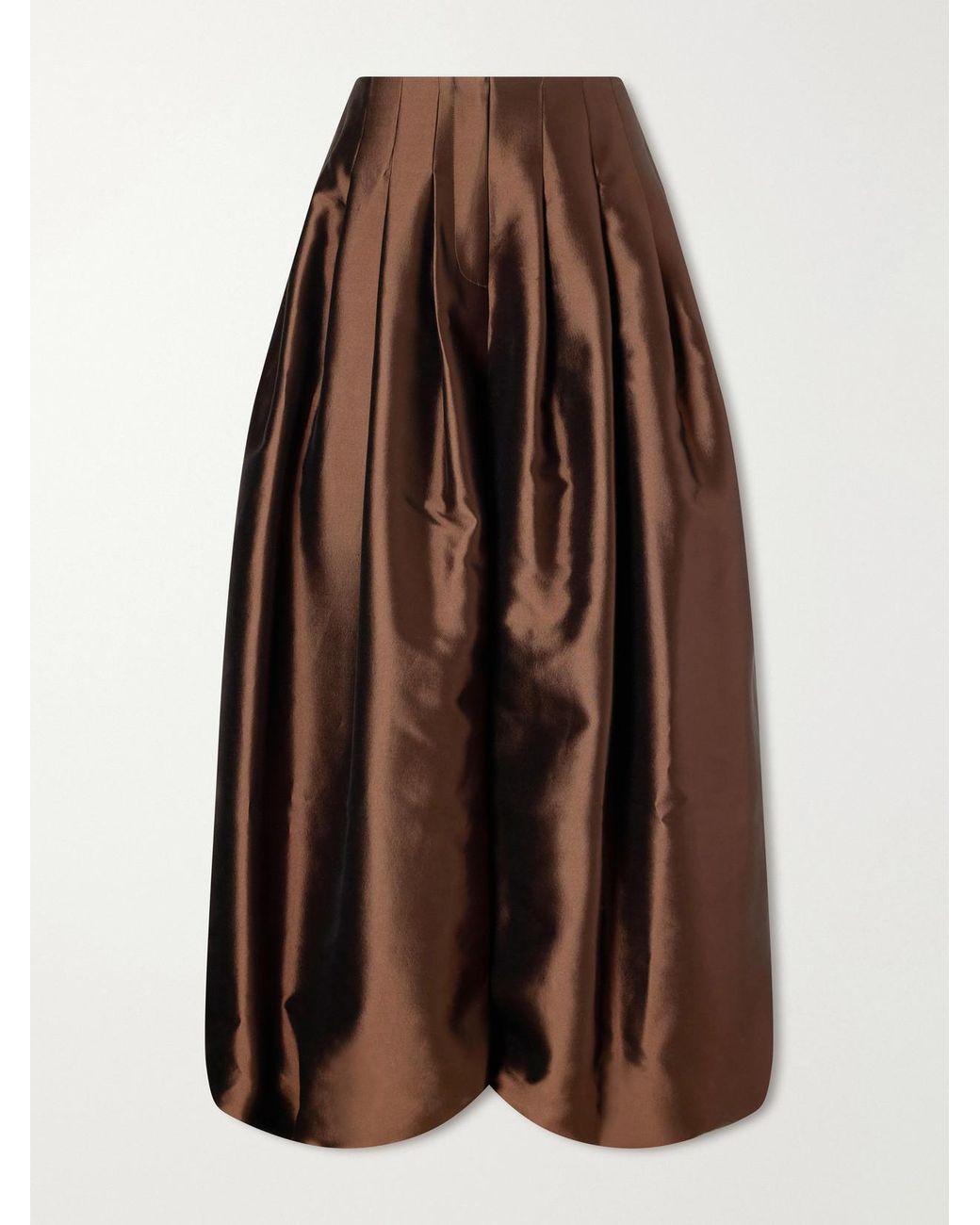 Christopher John Rogers Brown Pleated Silk And Wool-Blend Satin Wide-Leg Pants