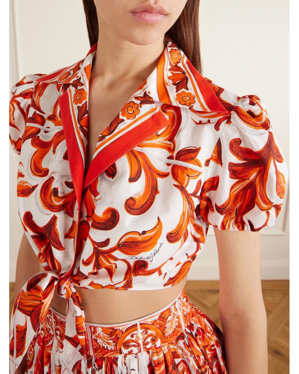 Dolce & Gabbana White Cropped Printed Cotton-Poplin Top