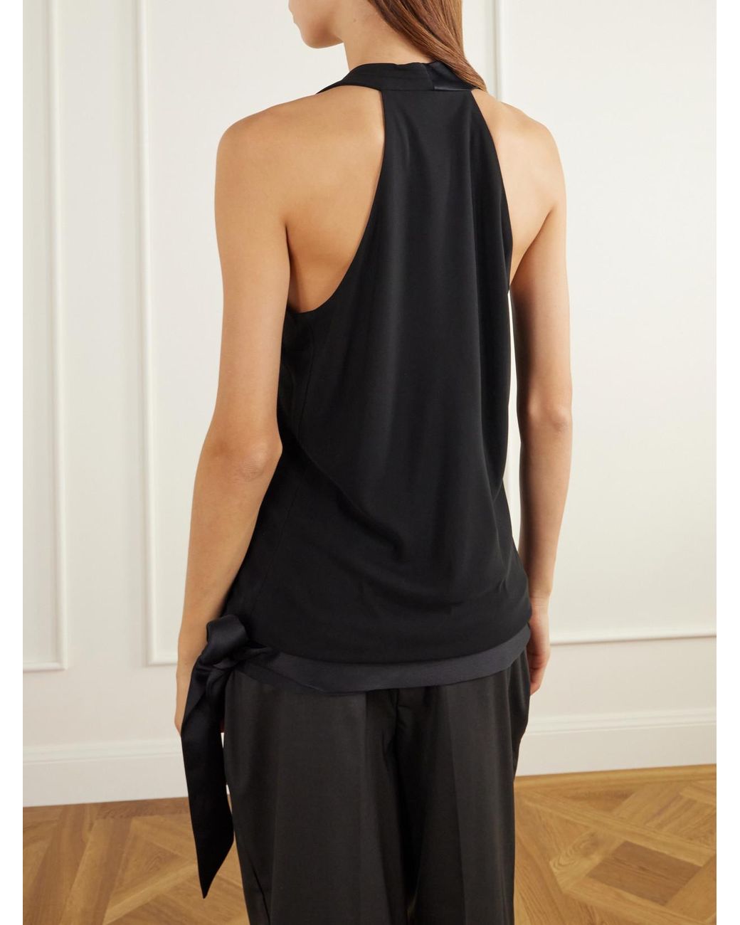 AARON ESH Black Tie-Detailed Satin-Trimmed Jersey Halterneck Tank