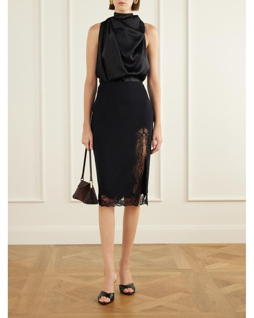 Balmain Black Lace-Trimmed Jersey Midi Skirt