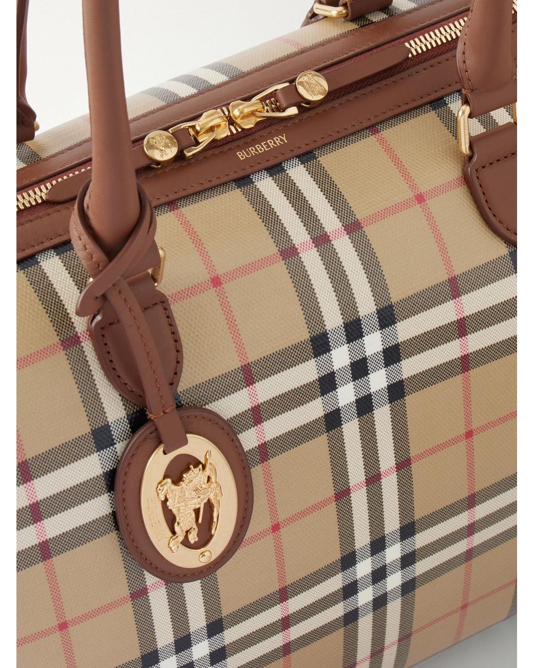 Burberry Natural Medium Check Zip Leather-Trimmed Tote