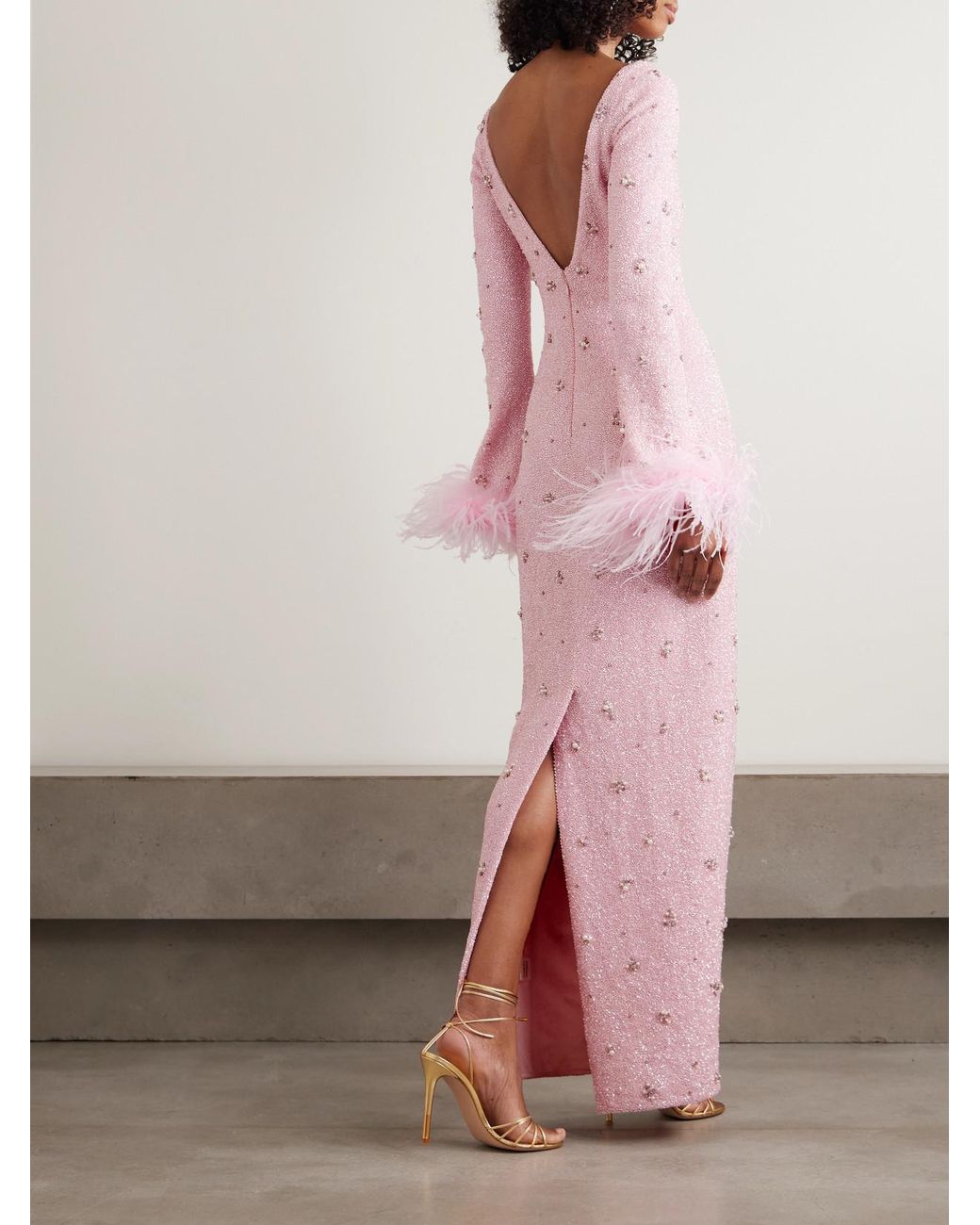 Clio Peppiatt Pink Mae Feather-Trimmed Embellished Stretch-Mesh Gown