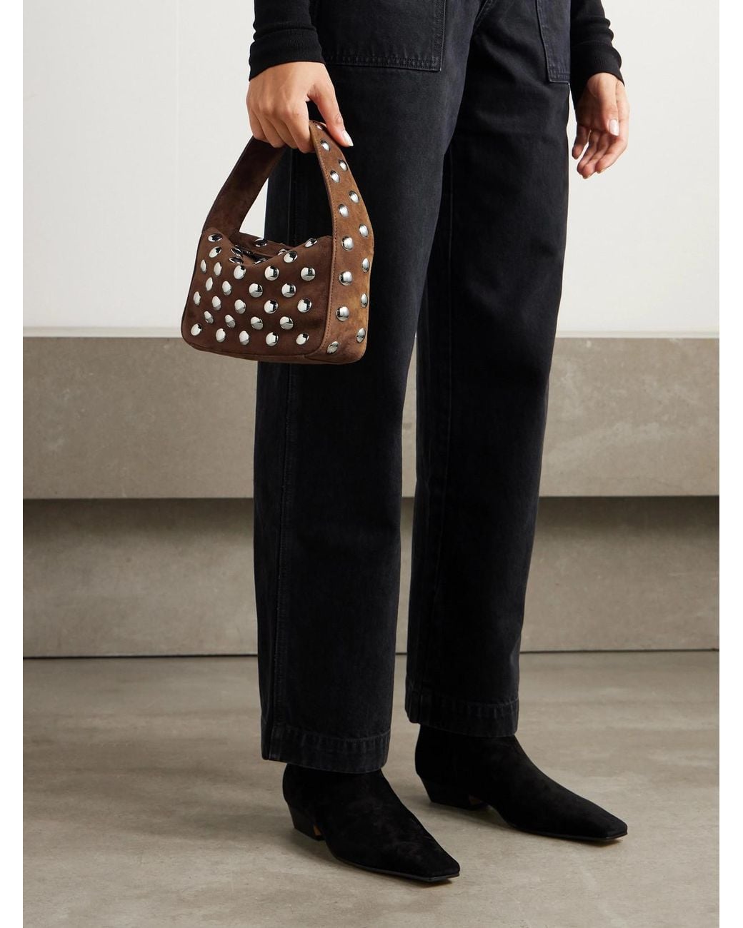 Khaite Brown Elena Small Studded Suede Shoulder Bag