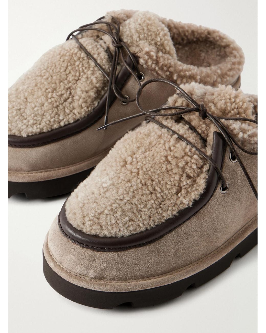 Brunello Cucinelli Brown Shearling-Trimmed Suede Clogs