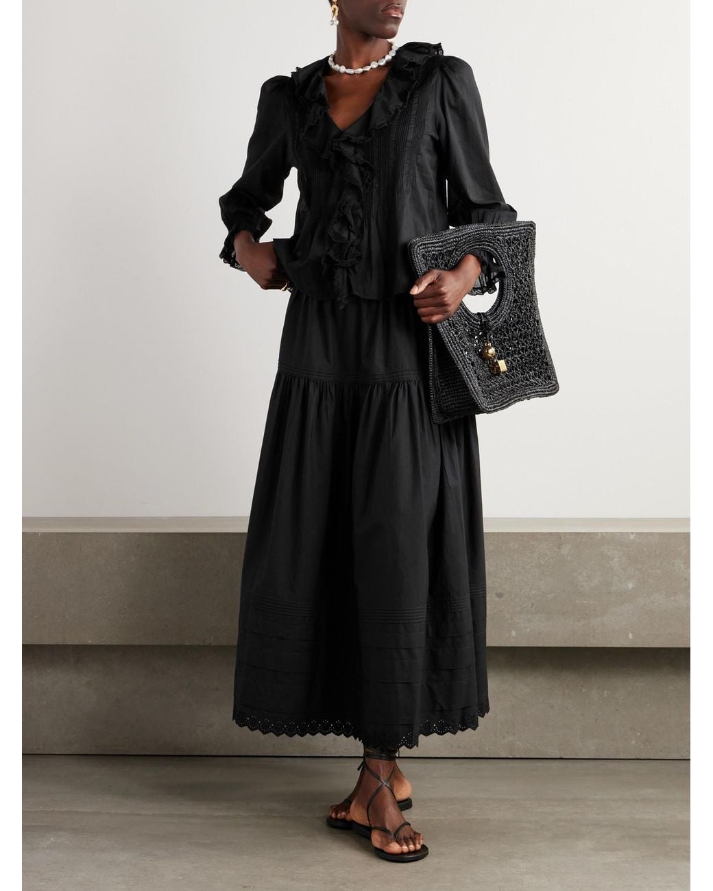 Doen Black Hardy Lace-Trimmed Ruffled Pintucked Organic Cotton-Voile Blouse