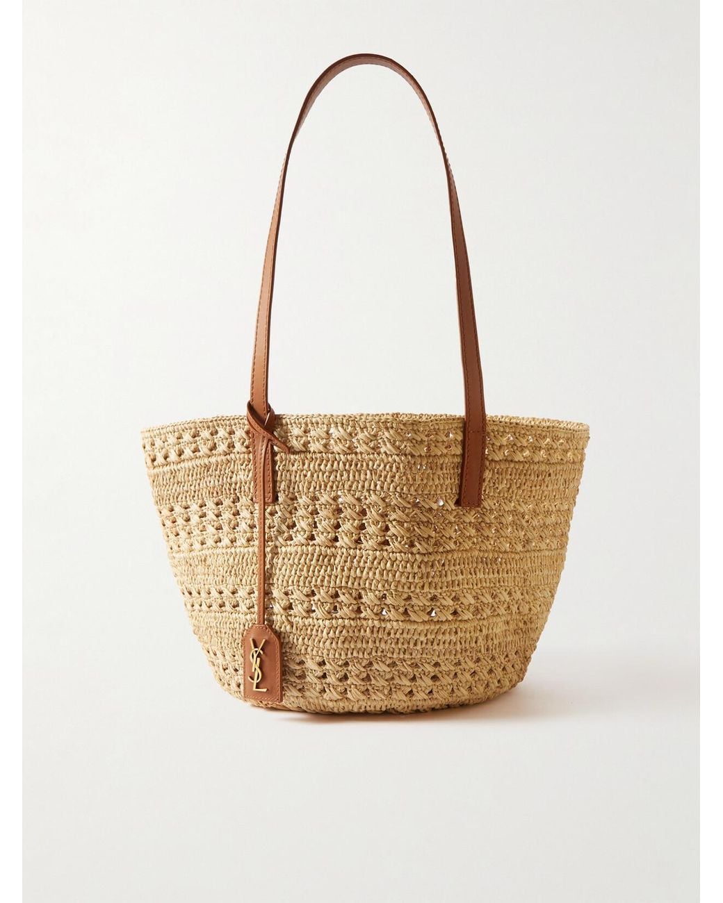 Saint Laurent Natural Panier Small Leather-Trimmed Raffia Tote