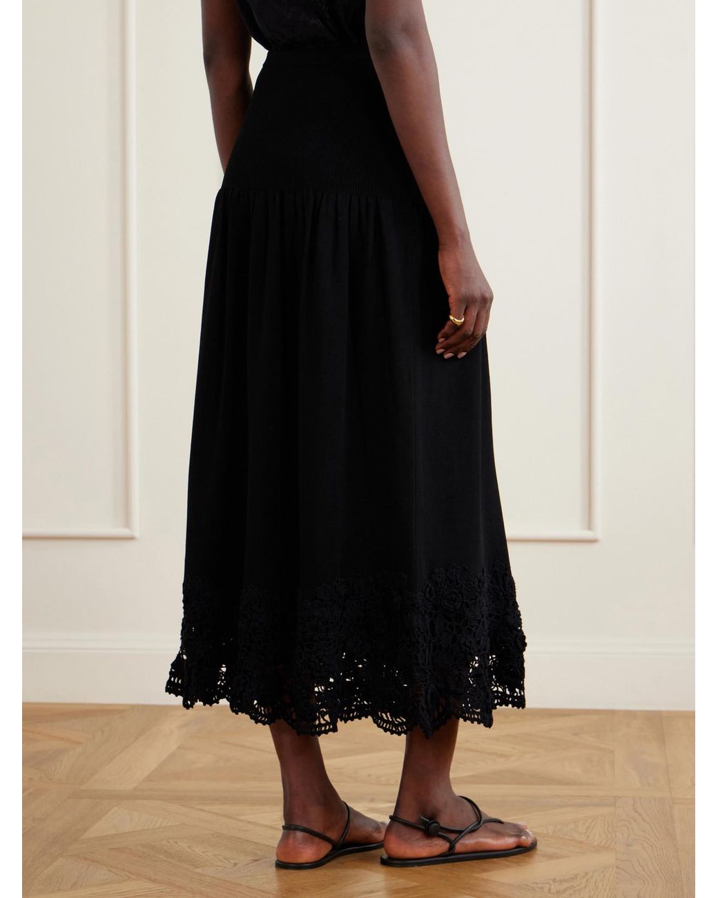 Ulla Johnson Black Leona Crochet-Trimmed Ribbed Midi Skirt