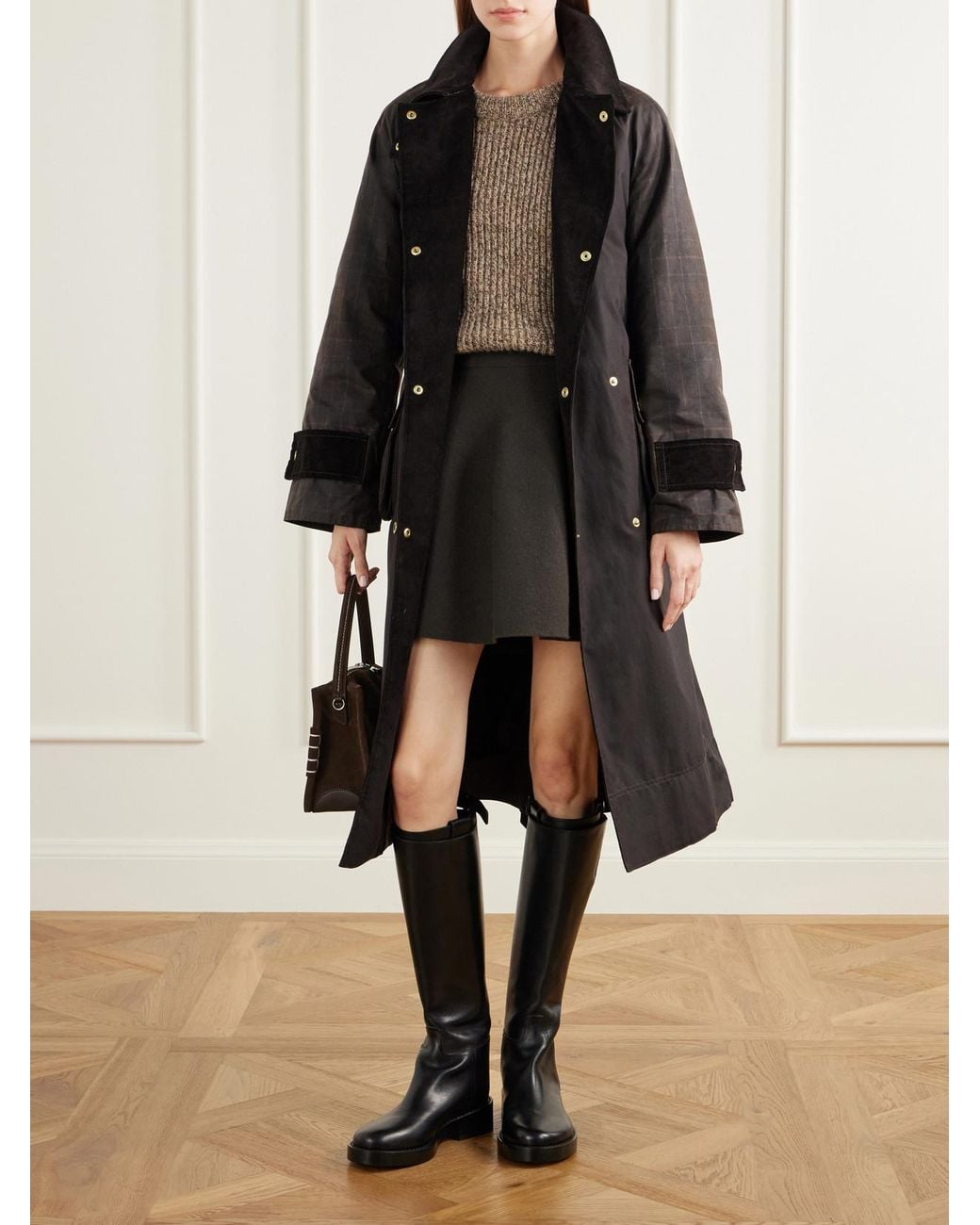 Barbour Black Elva Double-Breasted Belted Corduroy-Trimmed Waxed Cotton-Canvas Coat