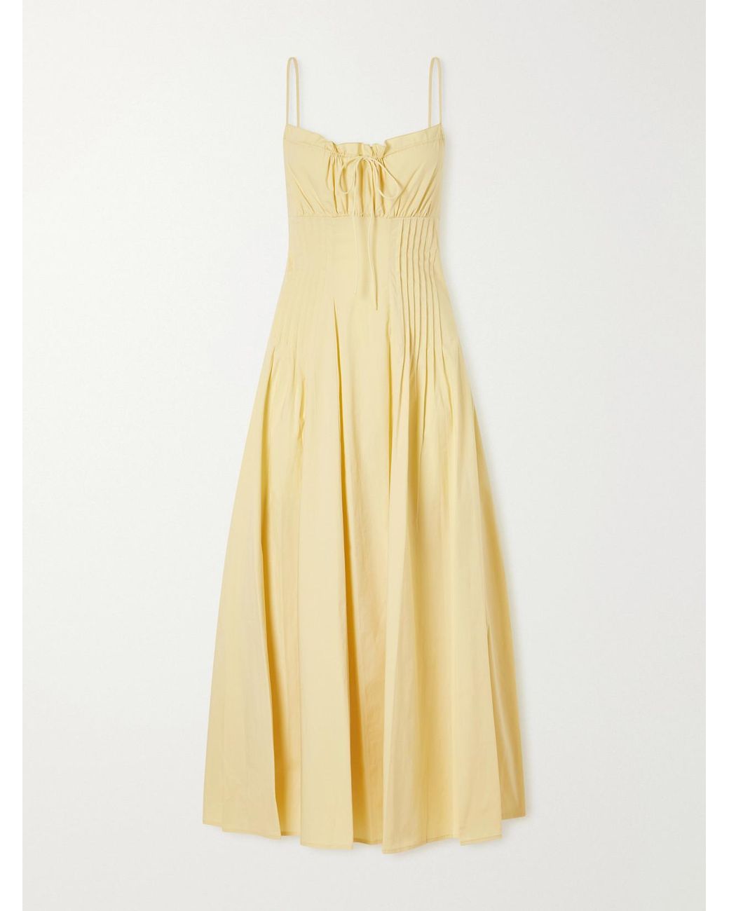 Staud Yellow Margi Ruffled Pleated Cotton-Stretch Poplin Midi Dress