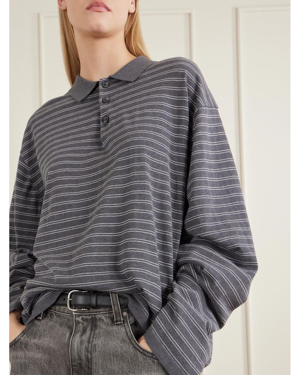 Nili Lotan Gray Foley Stripe Cotton Polo Shirt