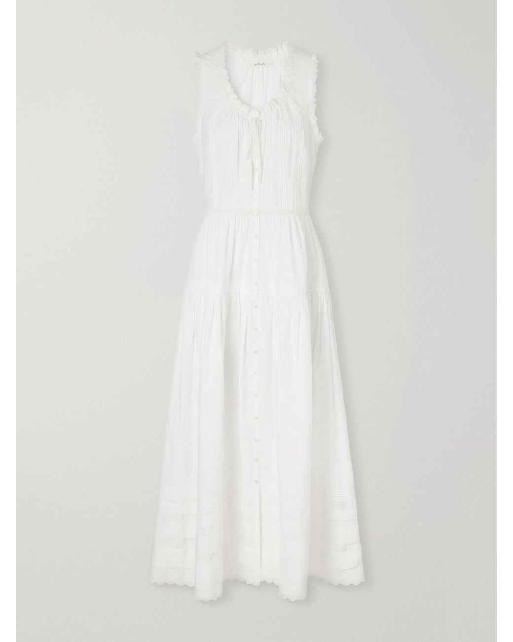 Doen White Hortense Pintucked Embroidered Organic Cotton Midi Dress