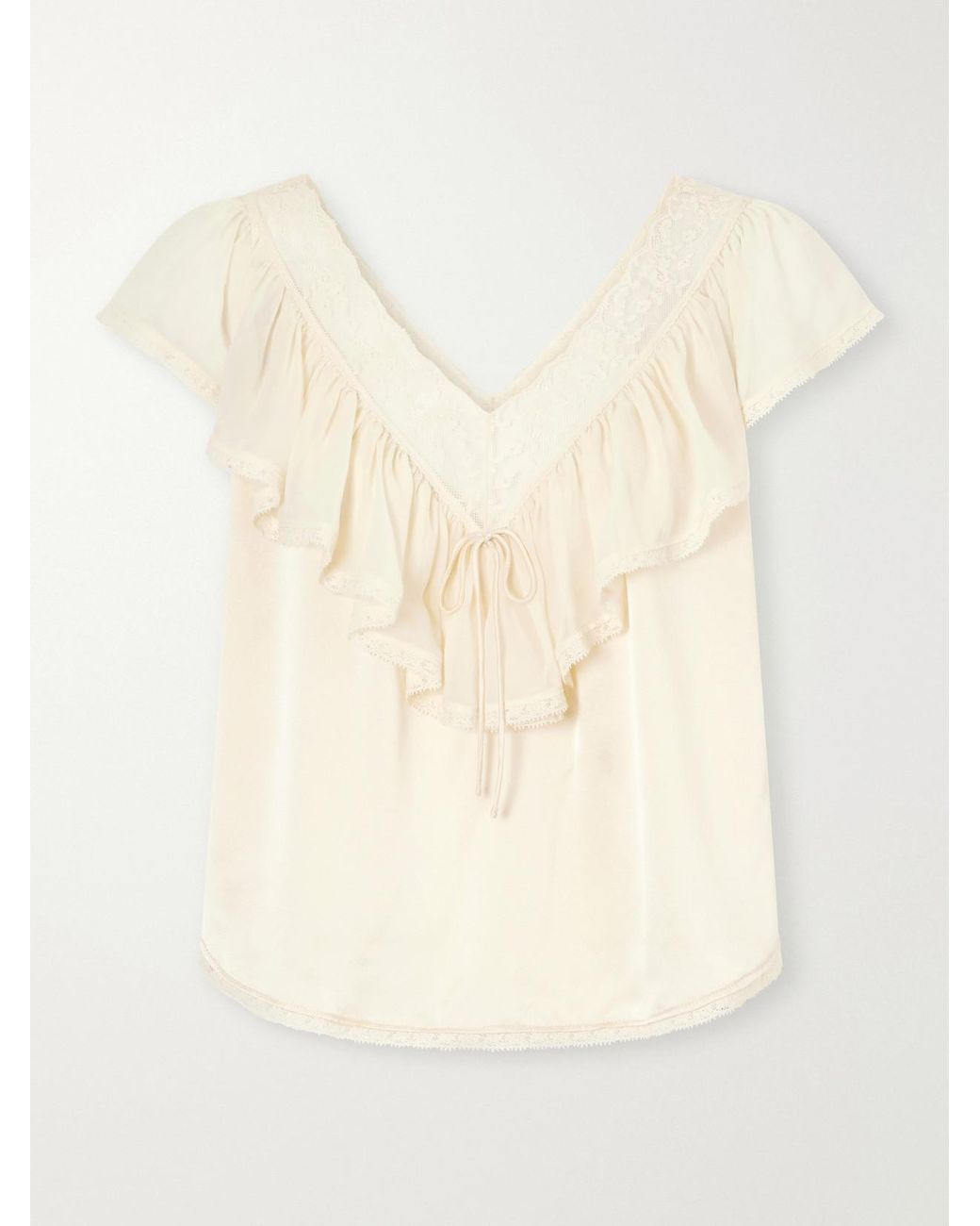 Doen Natural Yadira Ruffled Lace-Trimmed Silk Blouse