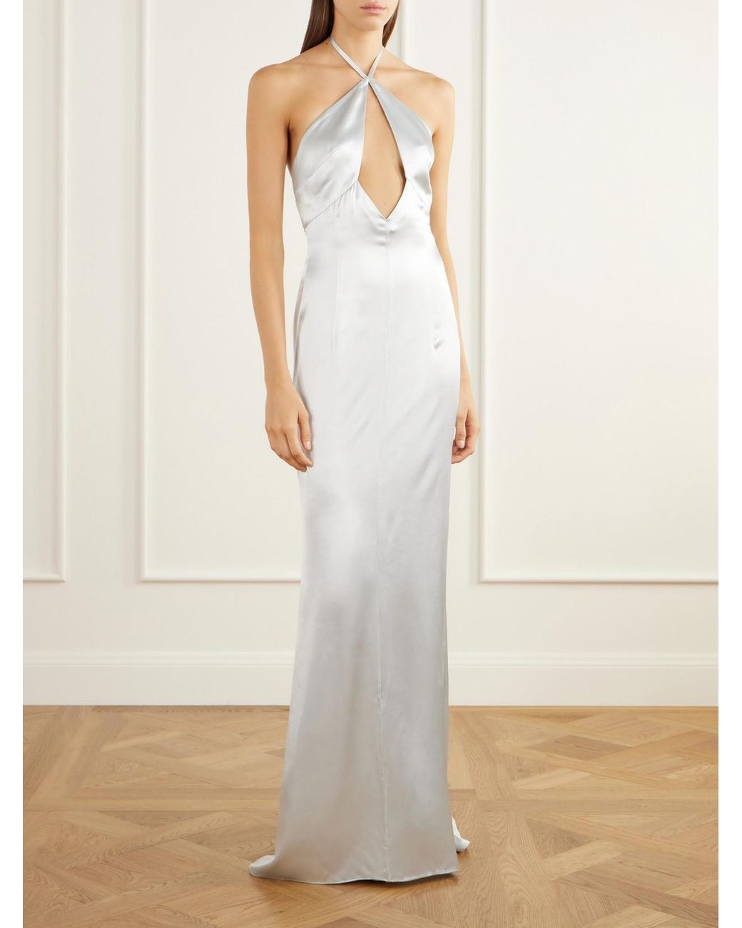 The Attico White Feather-Trimmed Halterneck Satin Gown