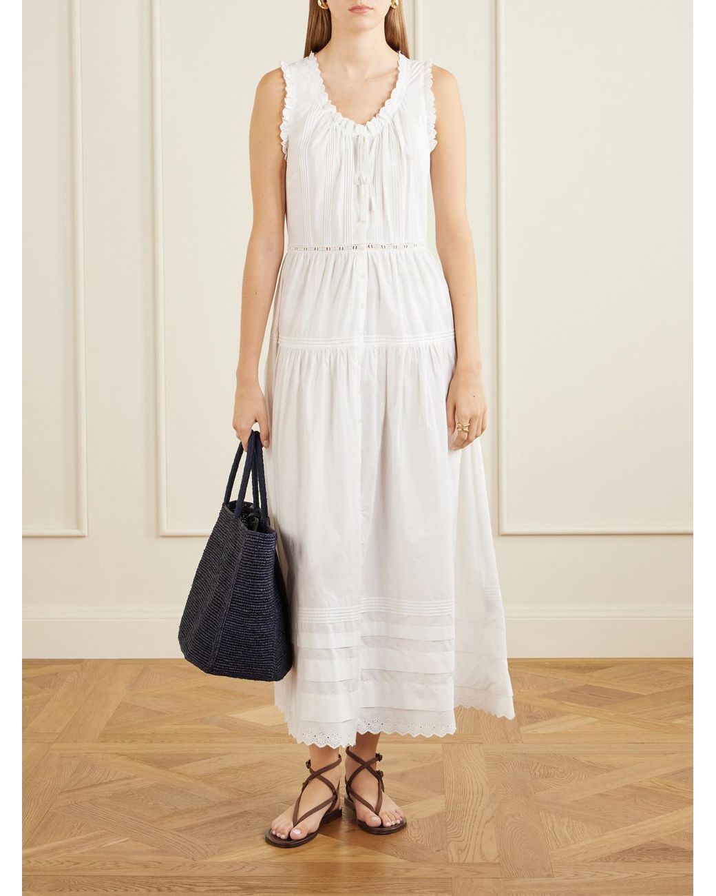 Doen White Hortense Pintucked Embroidered Organic Cotton Midi Dress