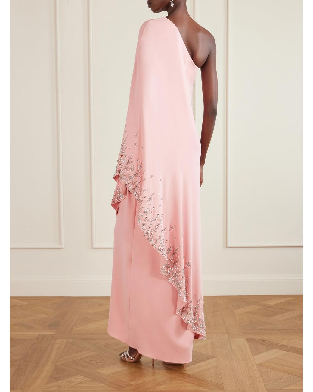 Oscar de la Renta Pink One-Shoulder Crystal-Embellished Silk-Blend Crepe Gown
