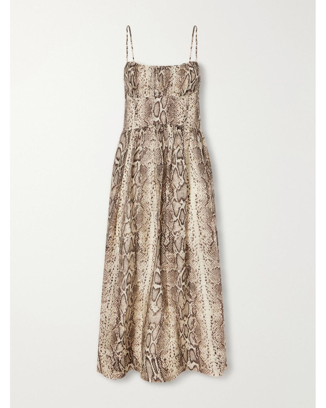 Cara Cara Natural Alba Gathered Snake-Print Linen And Silk-Blend Organza Midi Dress
