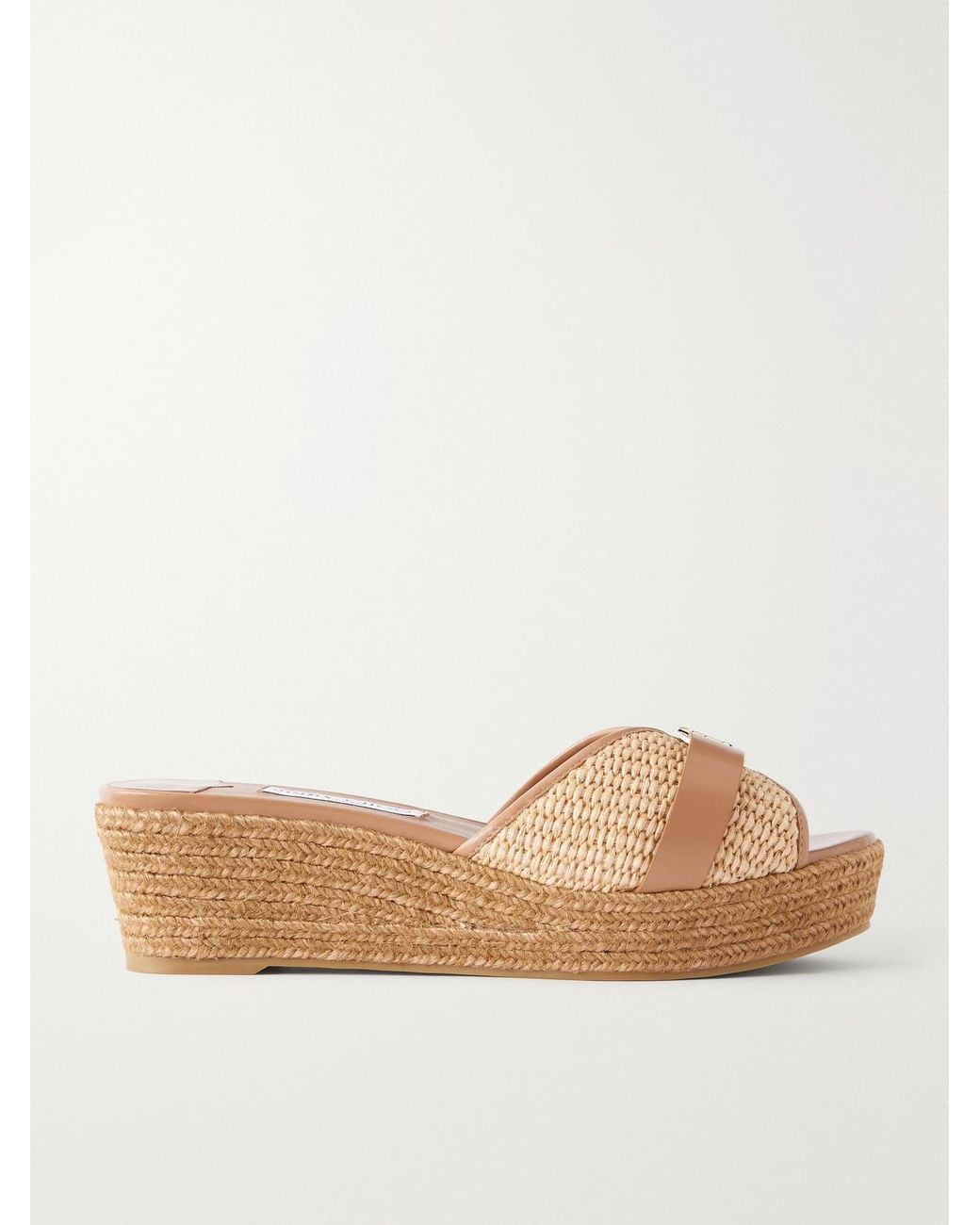 Jimmy Choo Natural Leda 50 Leather-Trimmed Raffia Platform Espadrilles