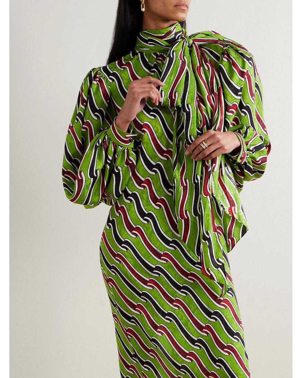 gucci green silk dress GUCCI Tie-detailed printed silk-jacquard midi dress