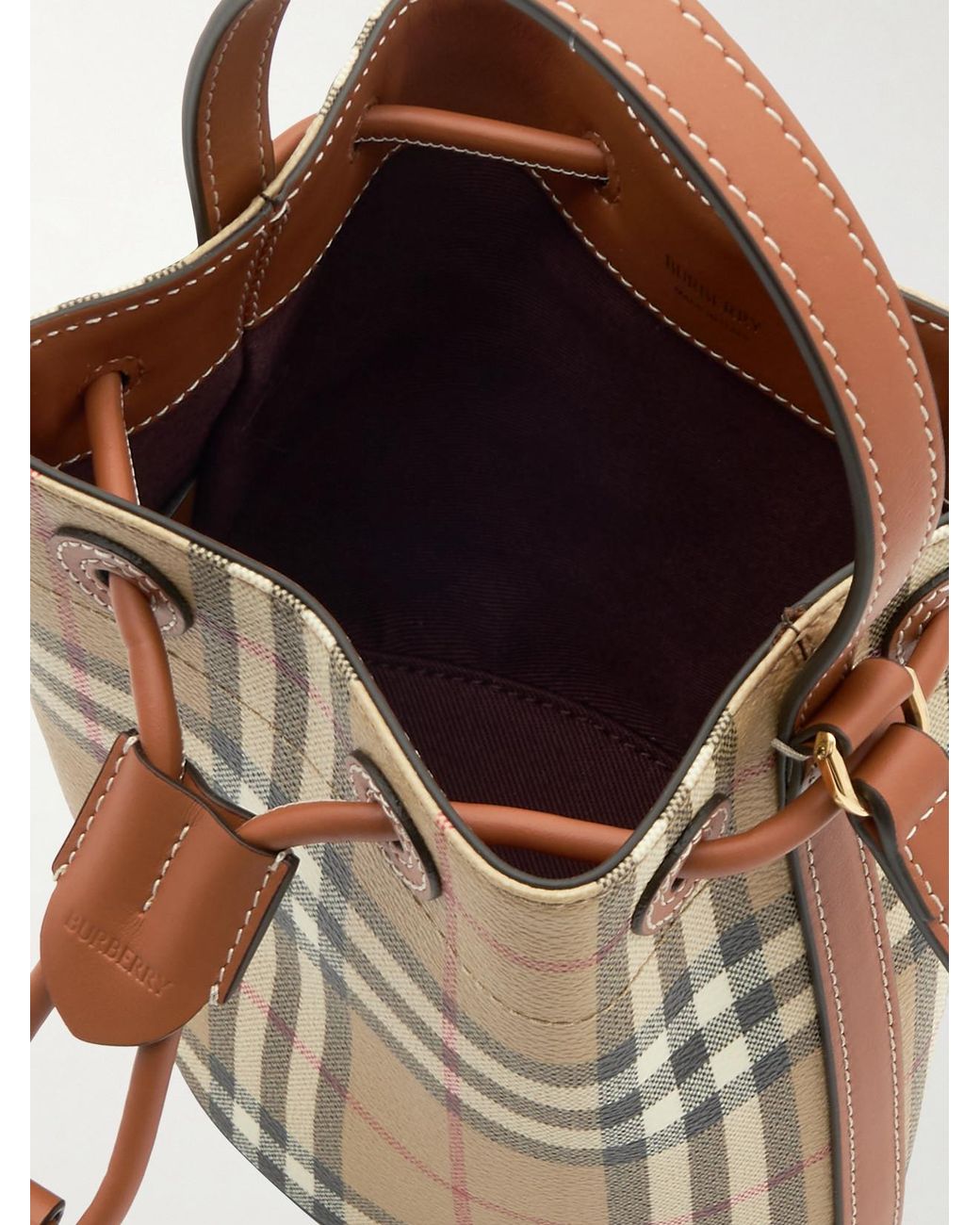Burberry Natural Mini Leather-Trimmed Checked Bucket Bag