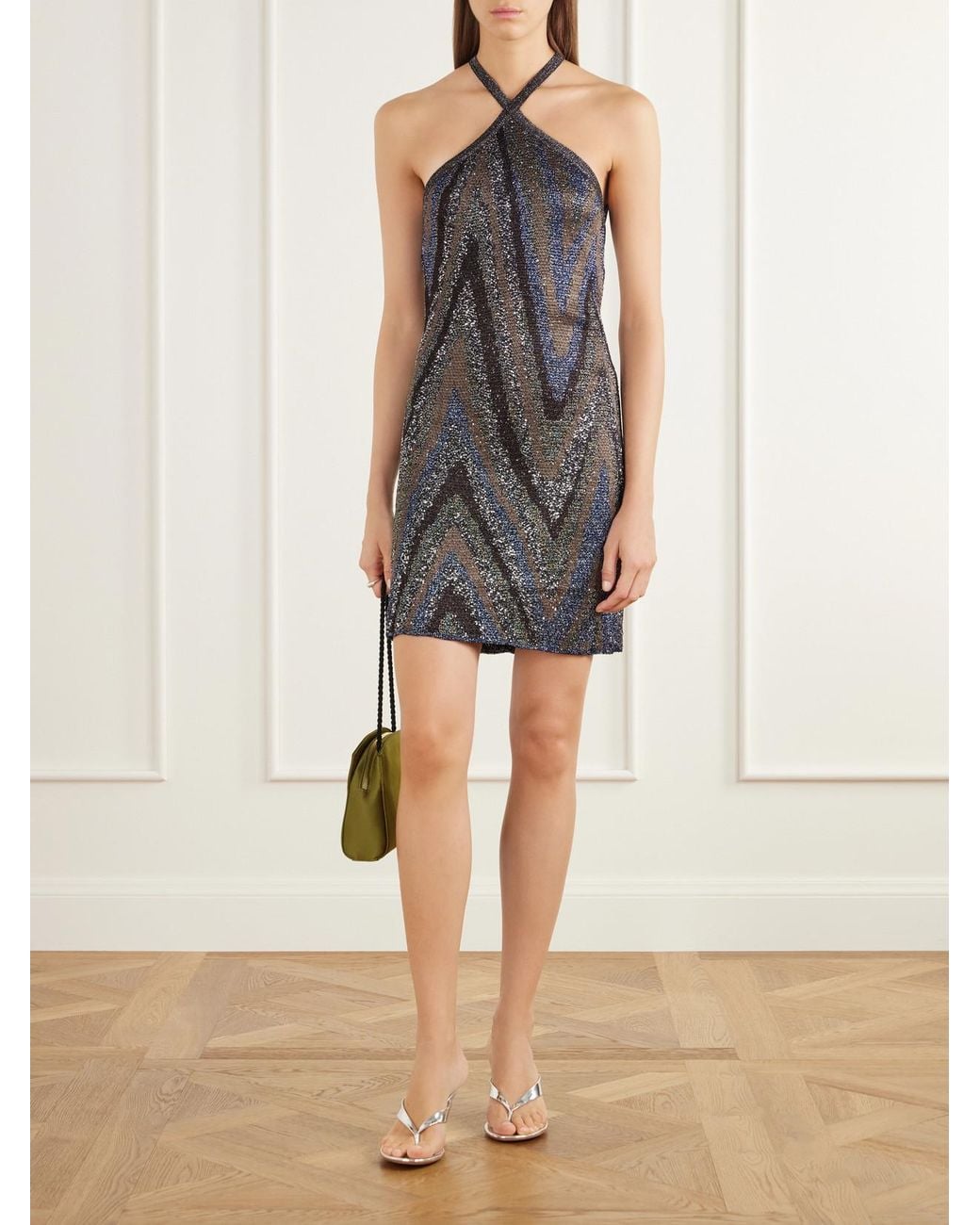 Missoni Multicolor Halterneck Sequin-Embellished Striped Metallic Crochet-Knit Mini Dress