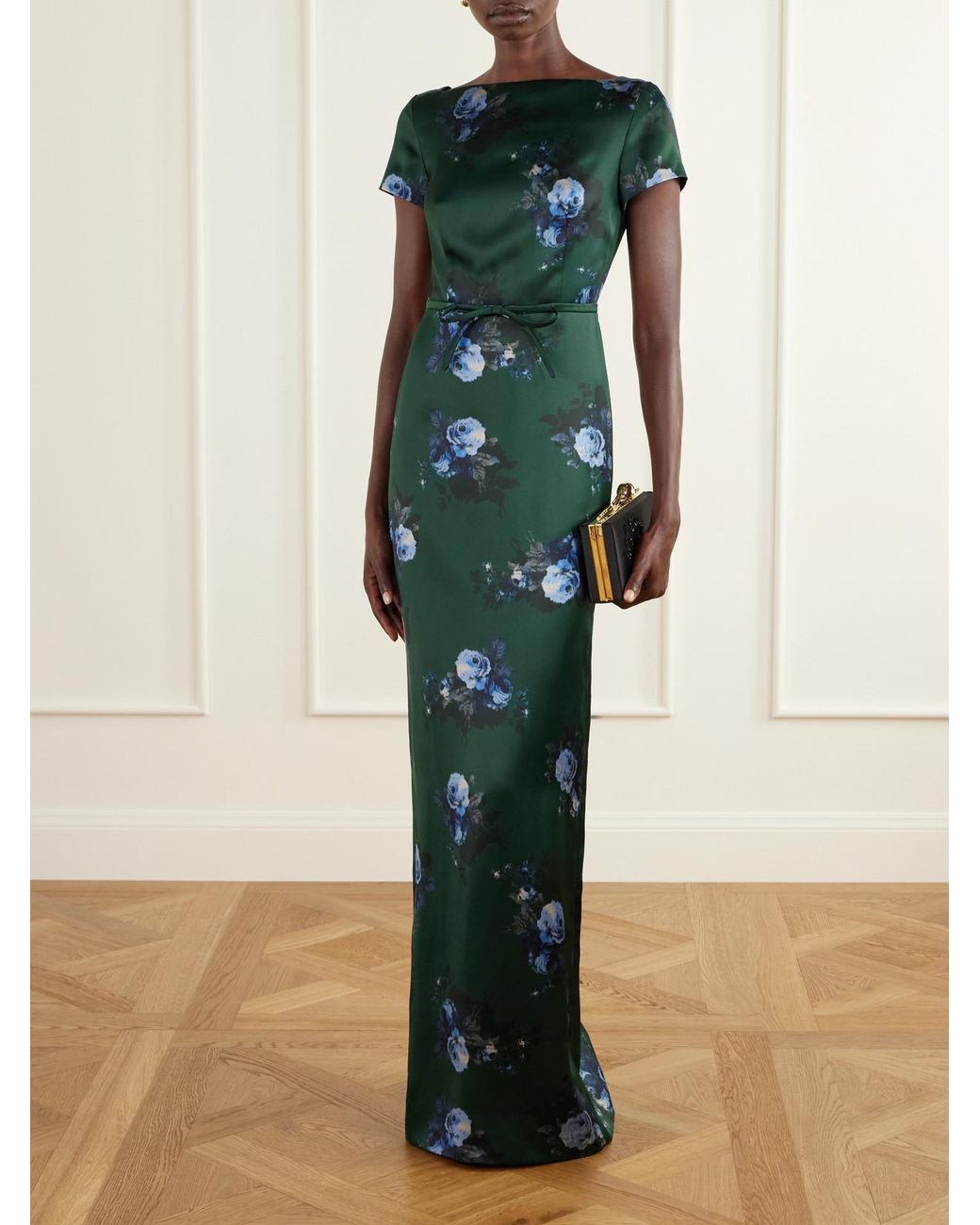Erdem Green Bow-Detailed Floral-Printed Duchesse-Satin Gown