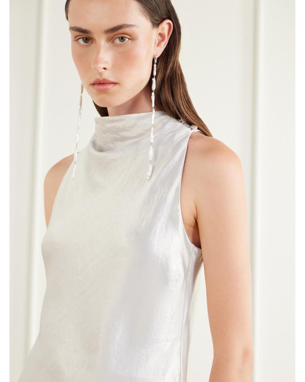Abadia White Farah Bead-Embellished Satin Top