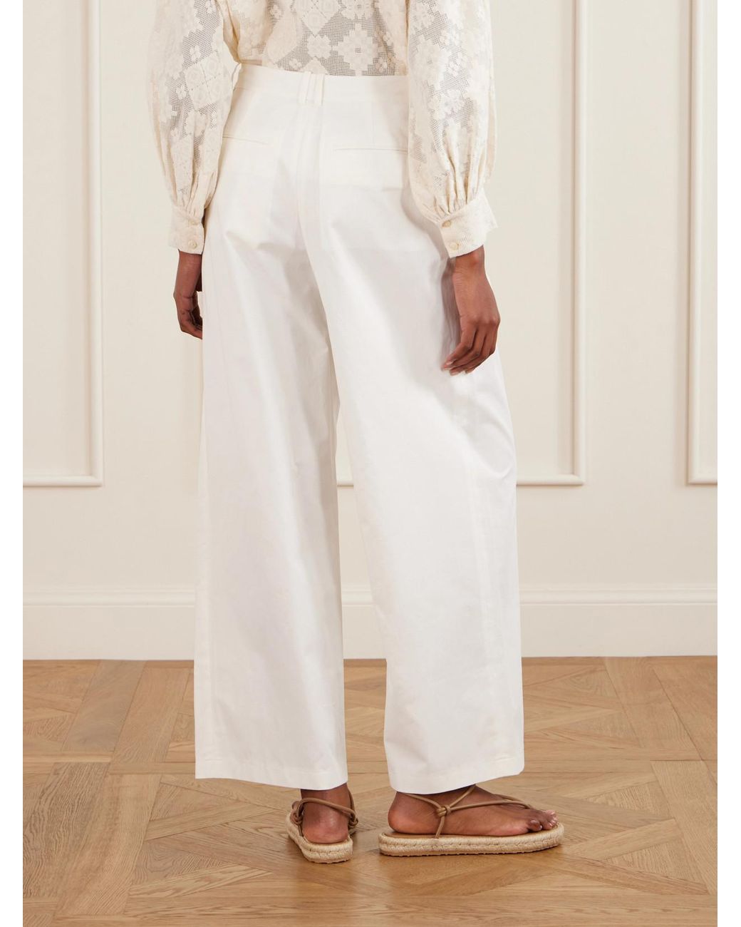 Doen White Lisa Pleated Cotton-Twill Wide-Leg Pants