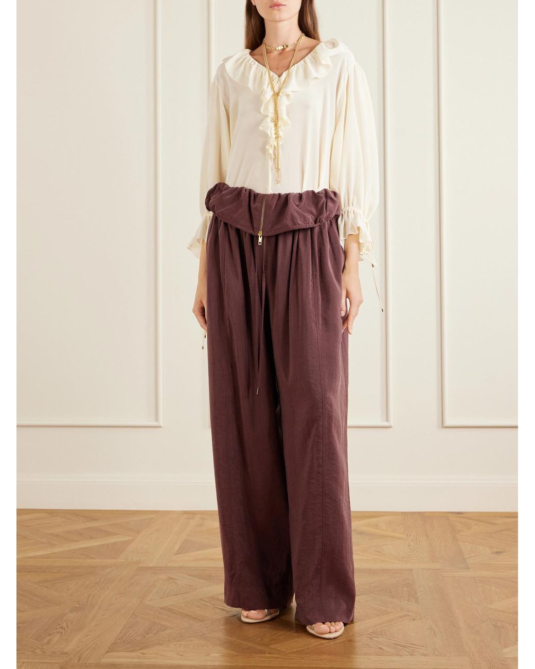 Chloé Red Silk-Blend Wide-Leg Pants