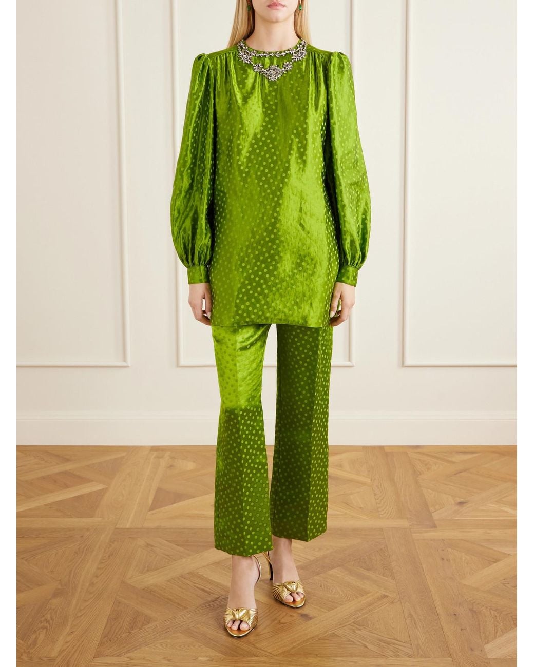 Valentino Garavani Green Polka-Dot Jacquard Linen And Silk-Blend Straight-Leg Pants