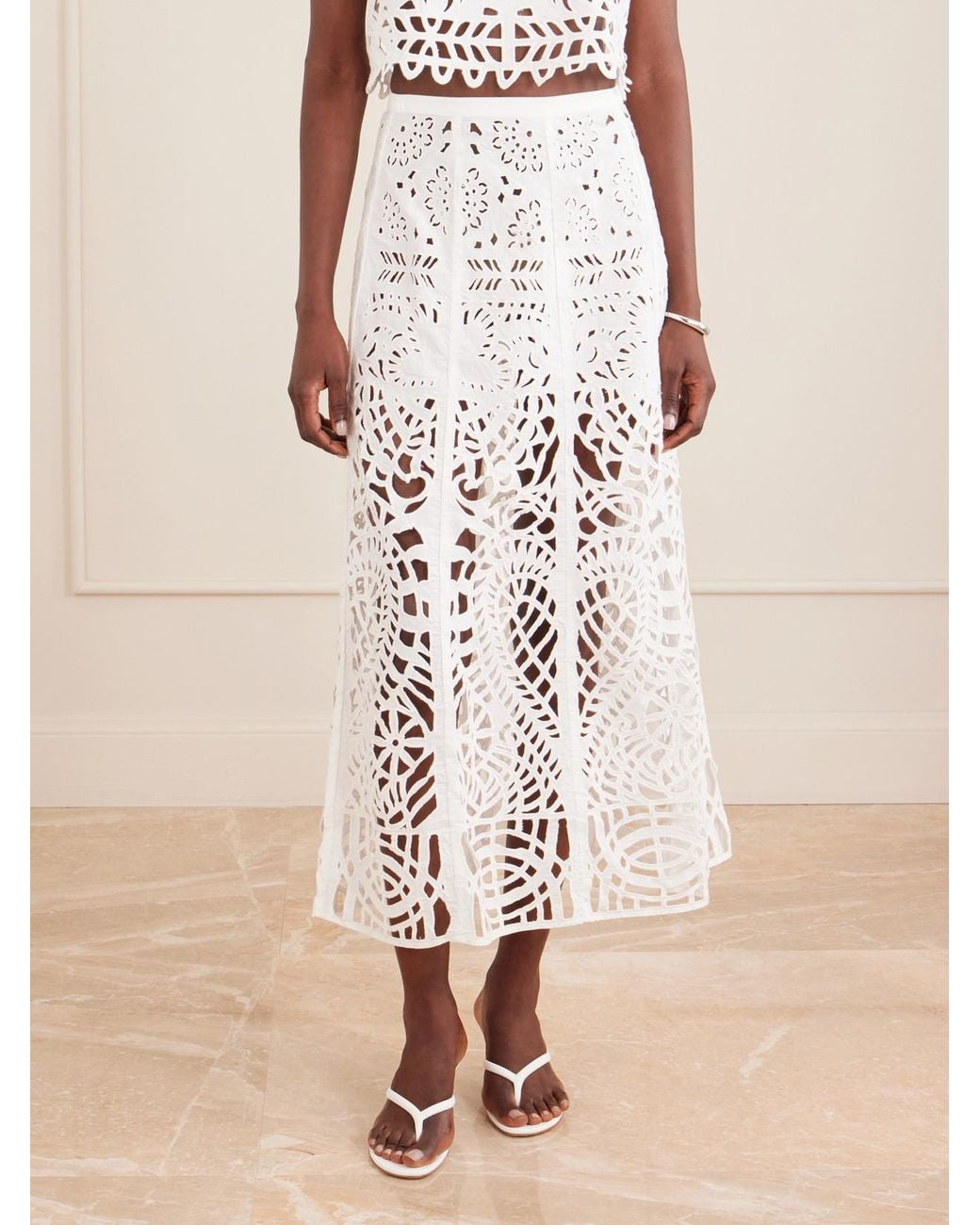 Emporio Sirenuse White Rita Brisé Embroidered Cotton Midi Skirt