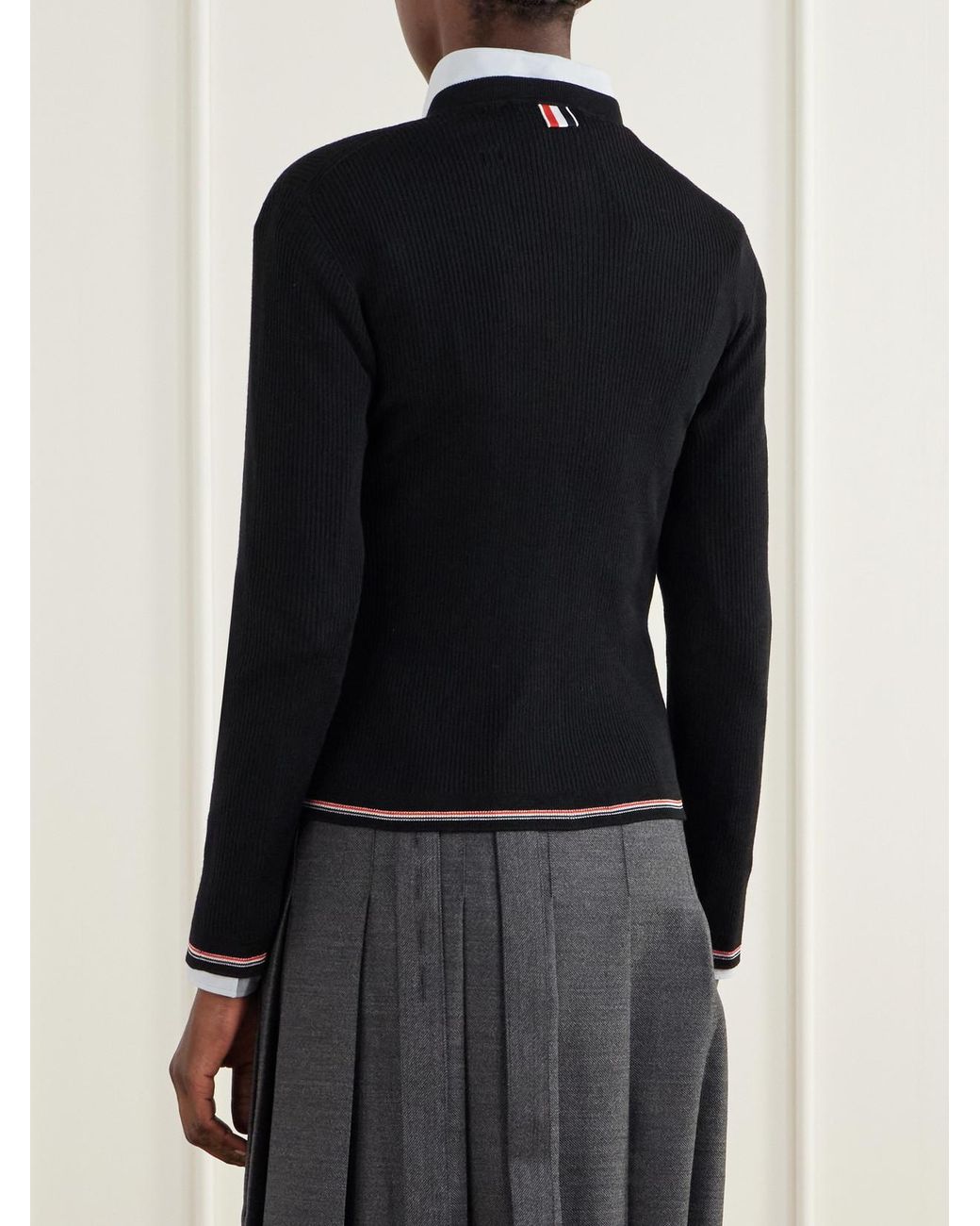 Thom Browne Black Ribbed Merino Wool Cardigan