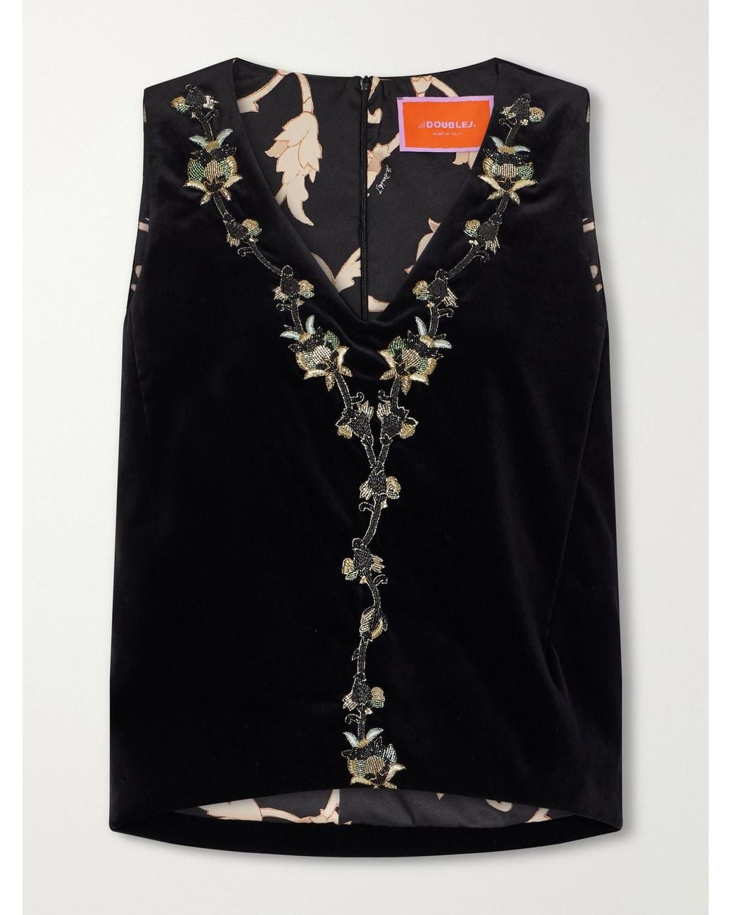 LaDoubleJ Black La Scala Bead-Embellished Embroidered Cotton-Velvet Top